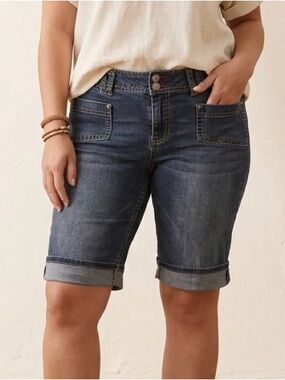Angels Dark Blue Denim Shorts with Contrast stitching and fold-over hem, size 12